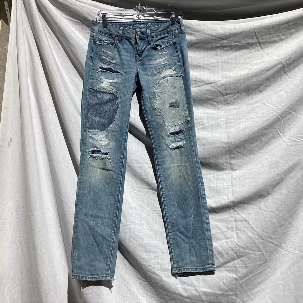 American Eagle blue distressed patchwork skinny casual jeans, size 4